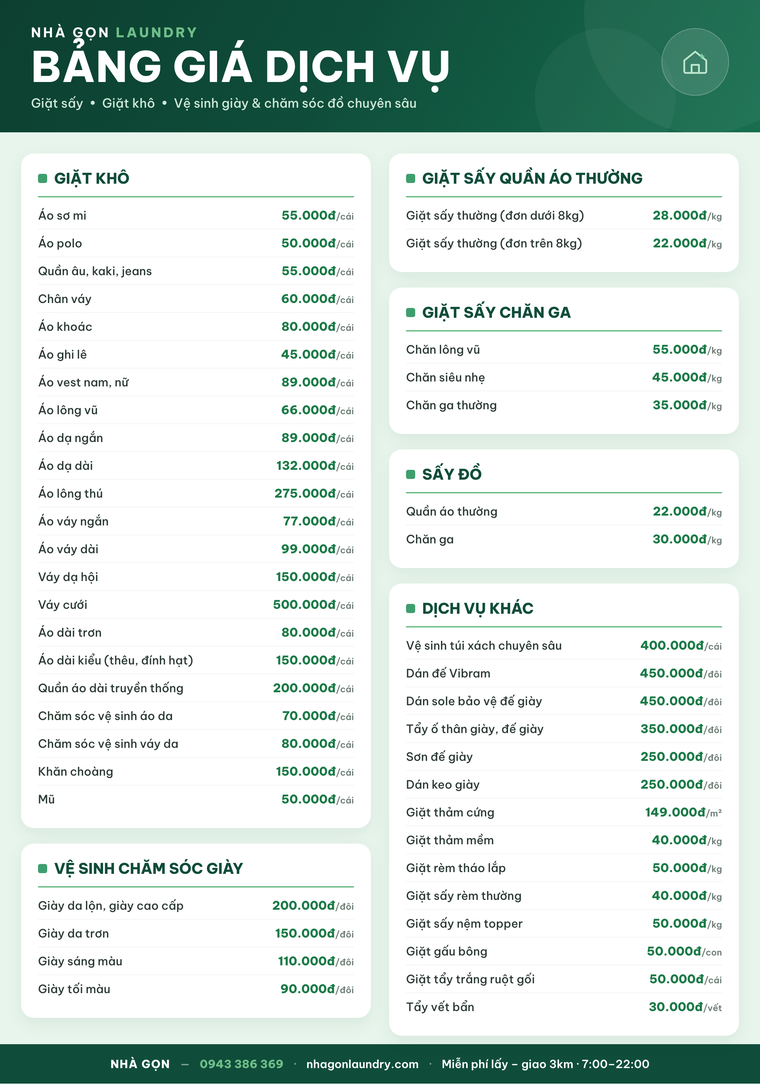 Bảng giá dịch vụ Nhà Gọn Laundry